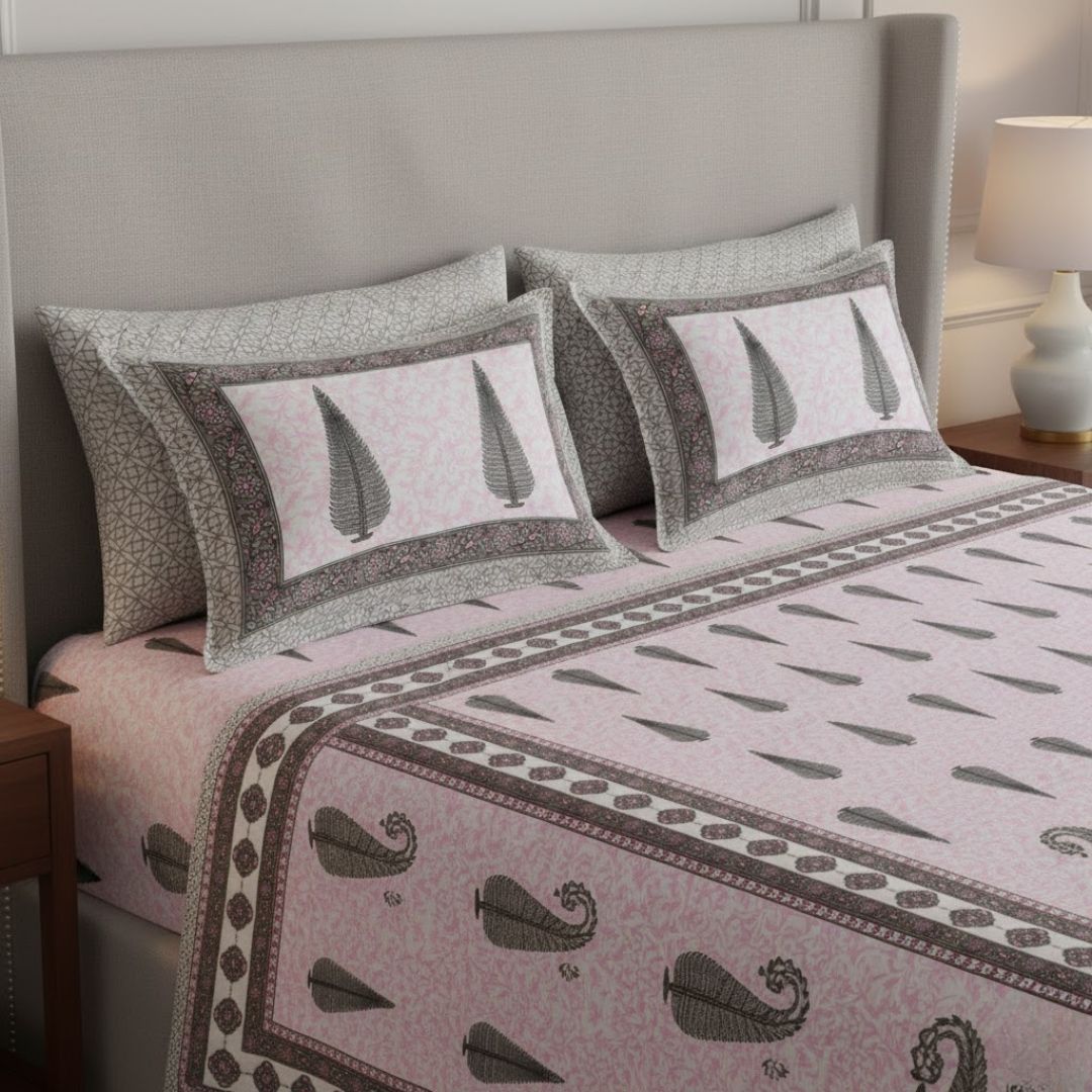 Ethnic Motif Pink Block Print Pure Cotton Double Bedsheet